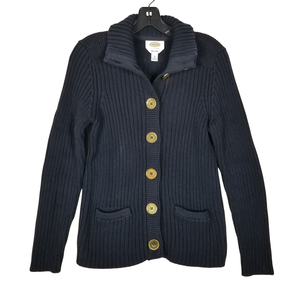 Talbots Cardigan Sweater Womens Medium Navy Blue‎ Pima Cotton Ribbed Gold Button